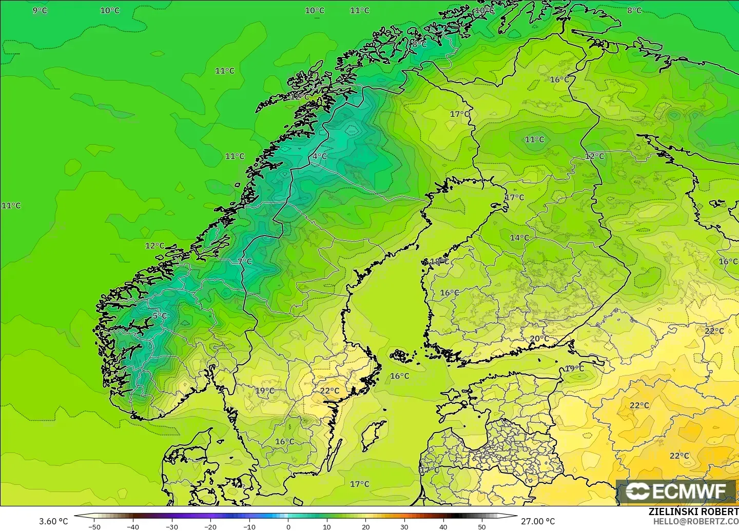 ECMWF IFS 0.25° modelo - Scandinavia, Temperature at 2m
