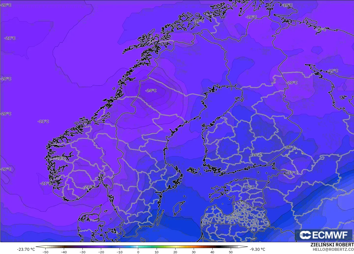 ECMWF IFS 0.25° modelo - Scandinavia, Temperature at 500hPa