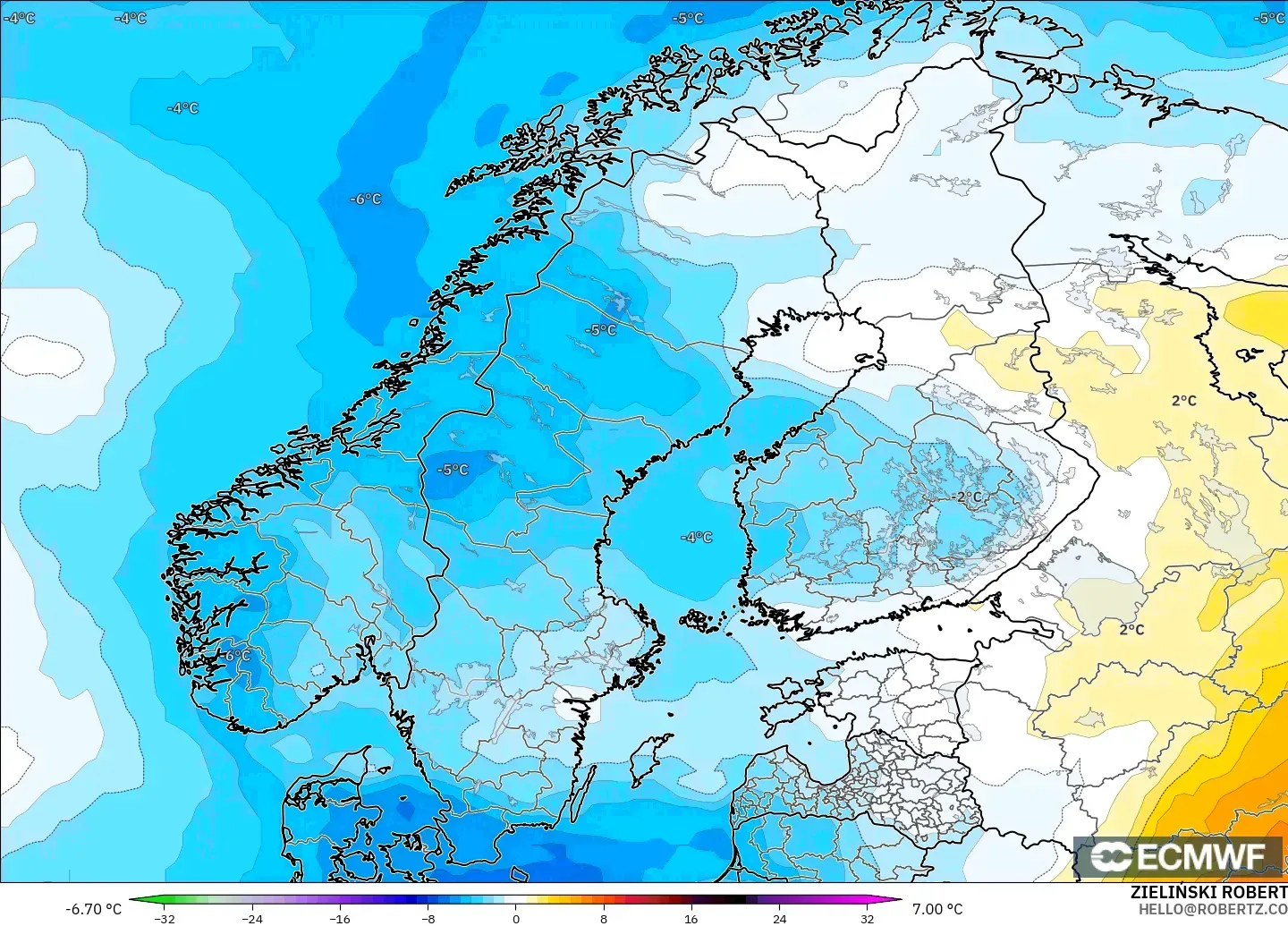 ECMWF IFS 0.25° modelo - Scandinavia, Temperature at 850hPa Anomaly