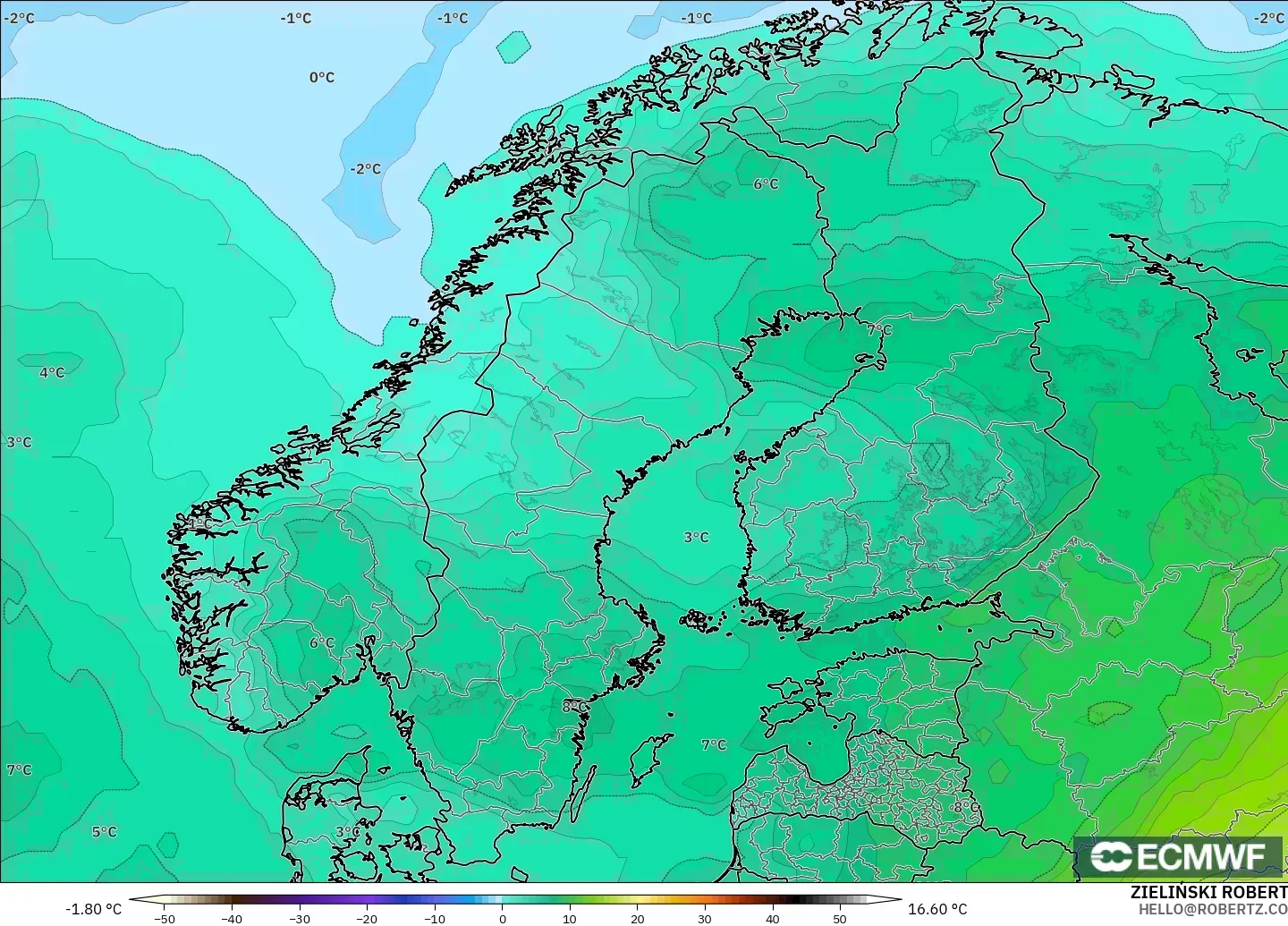 ECMWF IFS 0.25° modelo - Scandinavia, Temperature at 850hPa