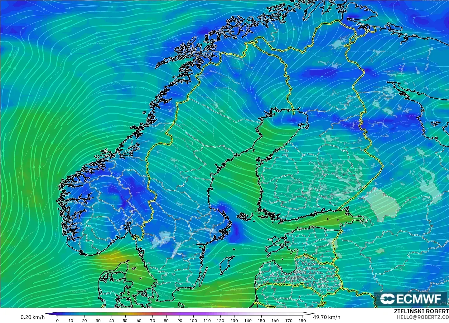 ECMWF IFS 0.25° modelo - Scandinavia, Wind at 10m