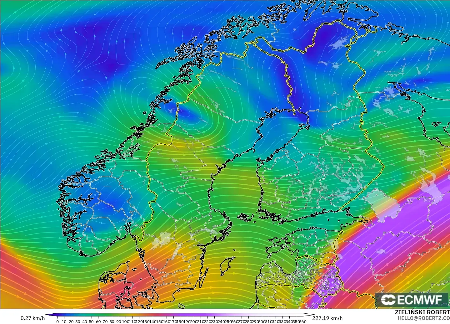 ECMWF IFS 0.25° modelo - Scandinavia, Wind at 300hPa (jet stream)