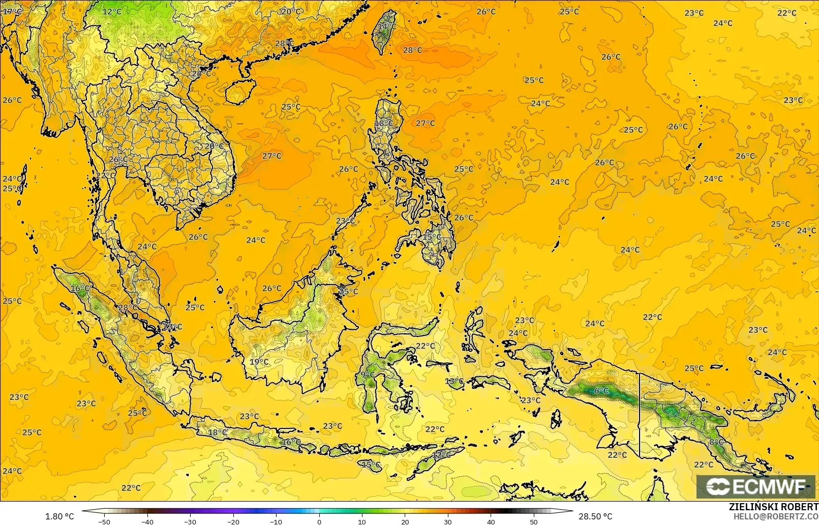 ECMWF IFS 0.25° modelo - South East Asia, Dewpoint at 2m