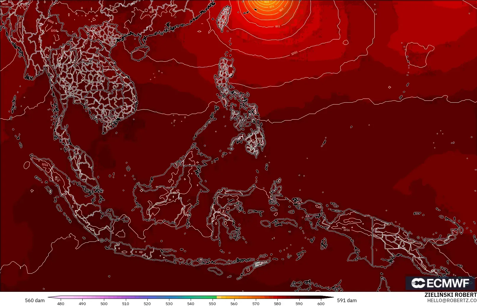 ECMWF IFS 0.25° modelo - South East Asia, Geopotential height at 500hPa