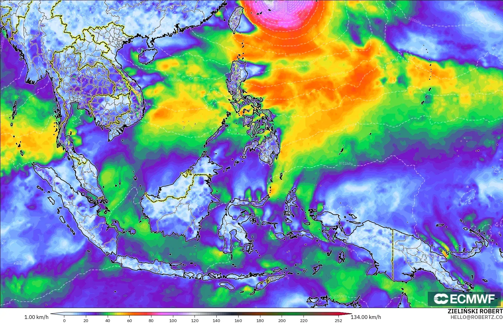 ECMWF IFS 0.25° modelo - South East Asia, Wind Gusts Peak