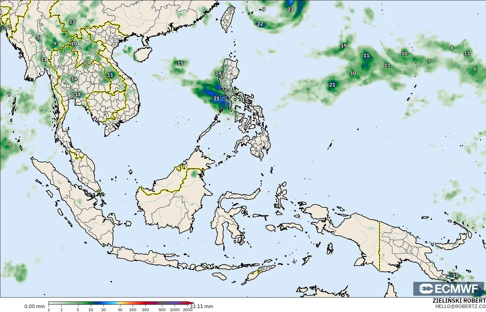 ECMWF IFS 0.25° modelo - South East Asia, Precipitation Accumulation