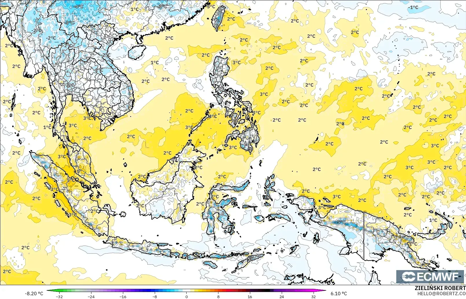 ECMWF IFS 0.25° modelo - South East Asia, Temperature at 2m Anomaly