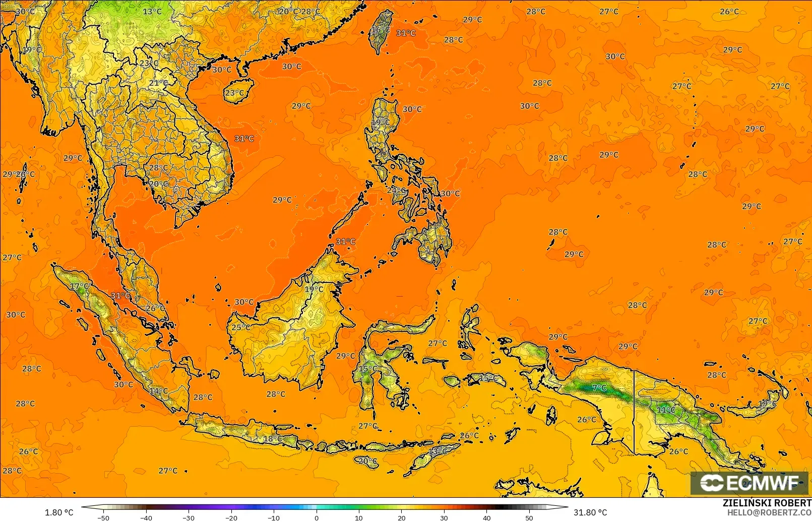 ECMWF IFS 0.25° modelo - South East Asia, Temperature at 2m