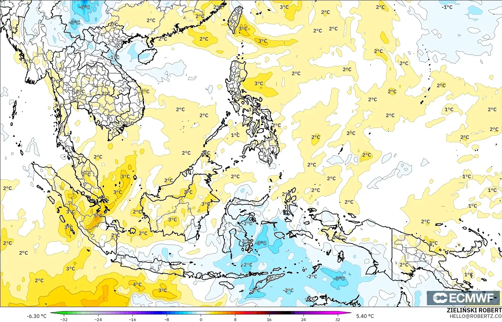 ECMWF IFS 0.25° modelo - South East Asia, Temperature at 850hPa Anomaly