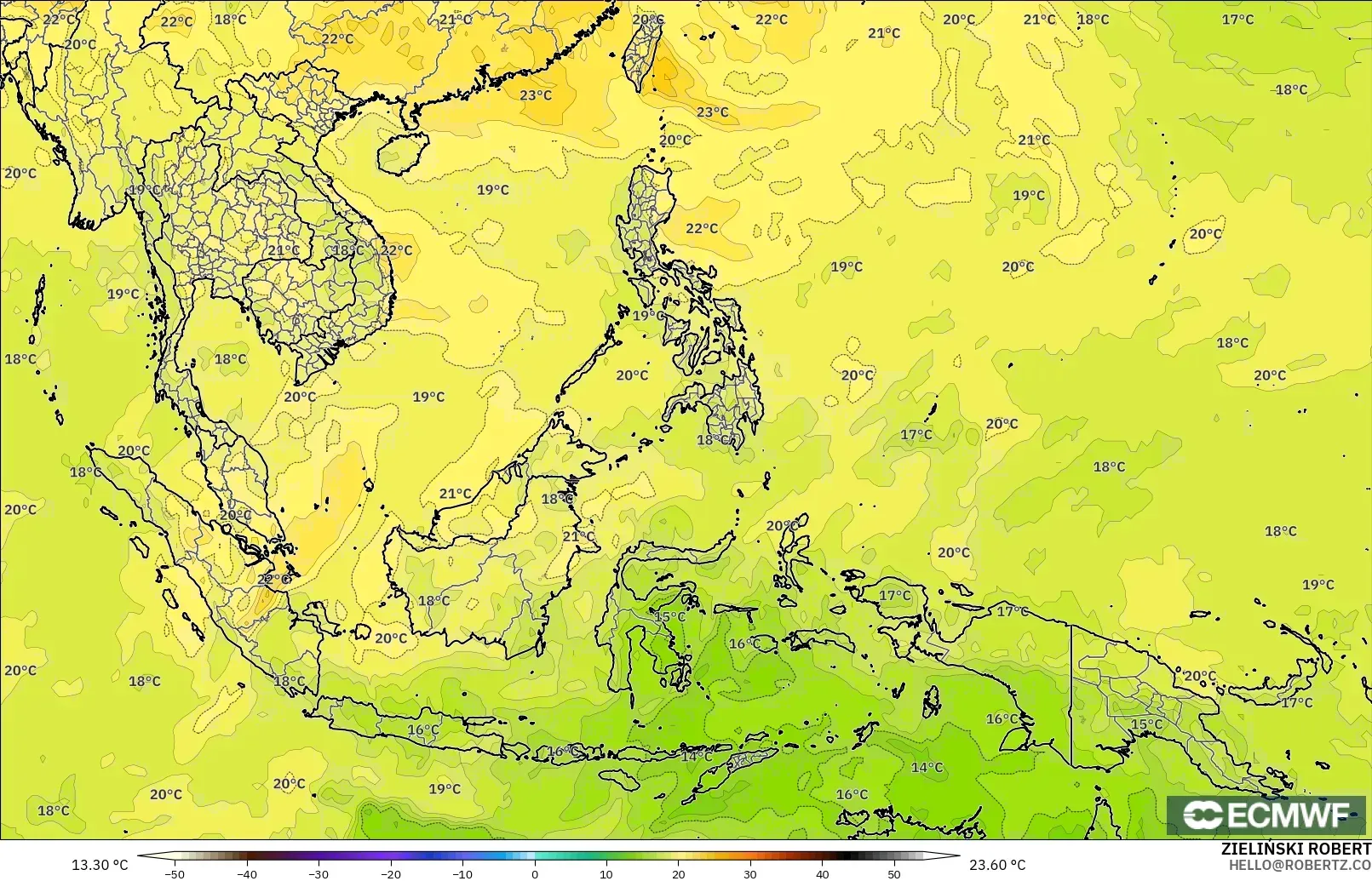 ECMWF IFS 0.25° modelo - South East Asia, Temperature at 850hPa