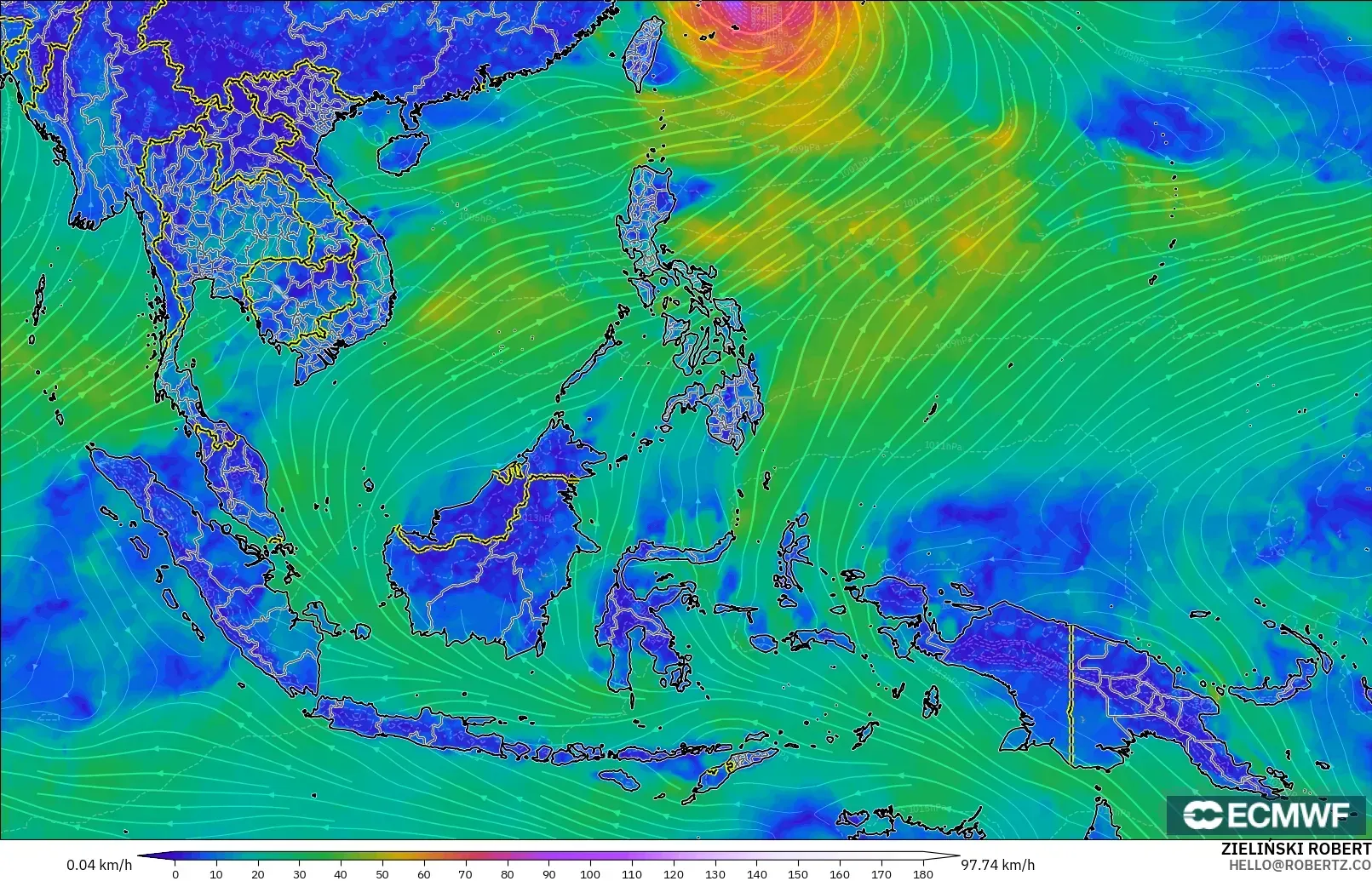 ECMWF IFS 0.25° modelo - South East Asia, Wind at 10m