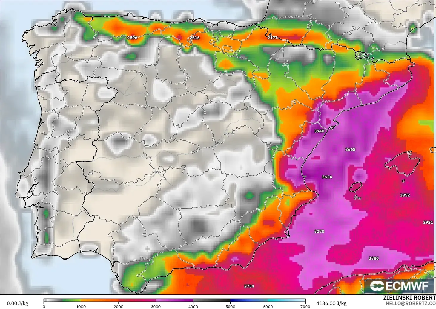 ECMWF IFS 0.25° modelo - Spain, CAPE