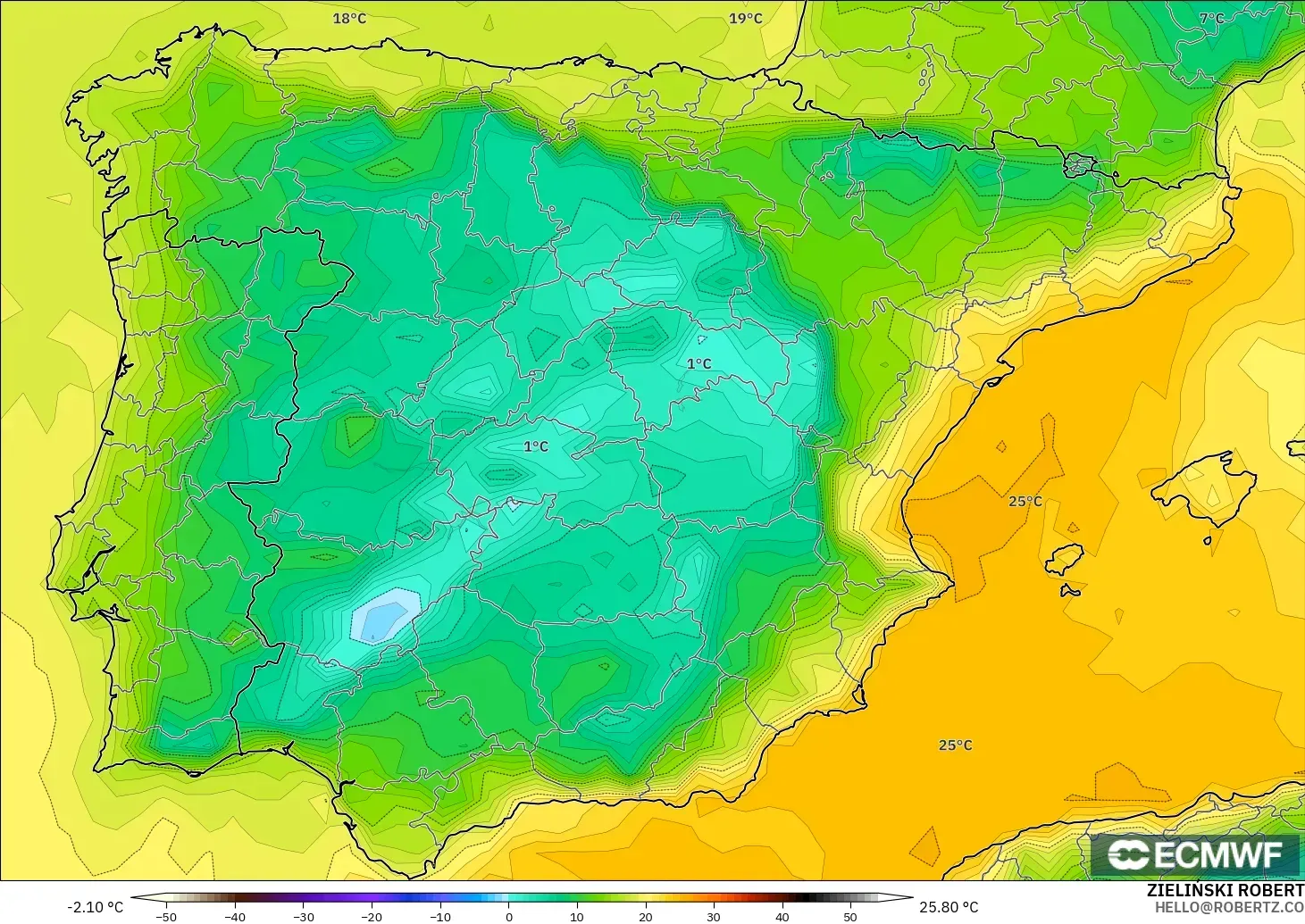 ECMWF IFS 0.25° modelo - Spain, Dewpoint at 2m