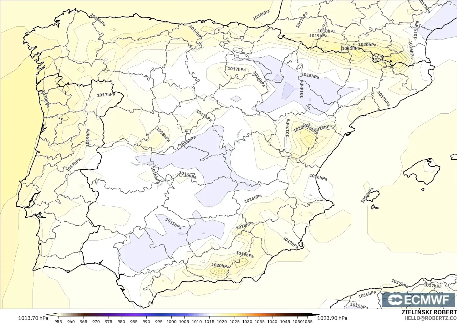 ECMWF IFS 0.25° modelo - Spain, Pressure