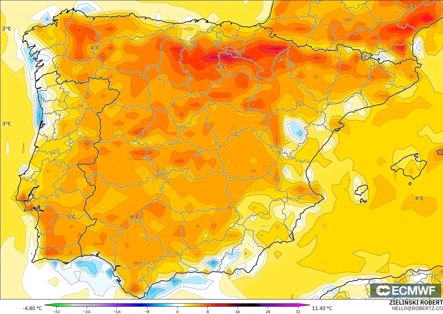 ECMWF IFS 0.25° modelo - Spain, Temperature at 2m Anomaly