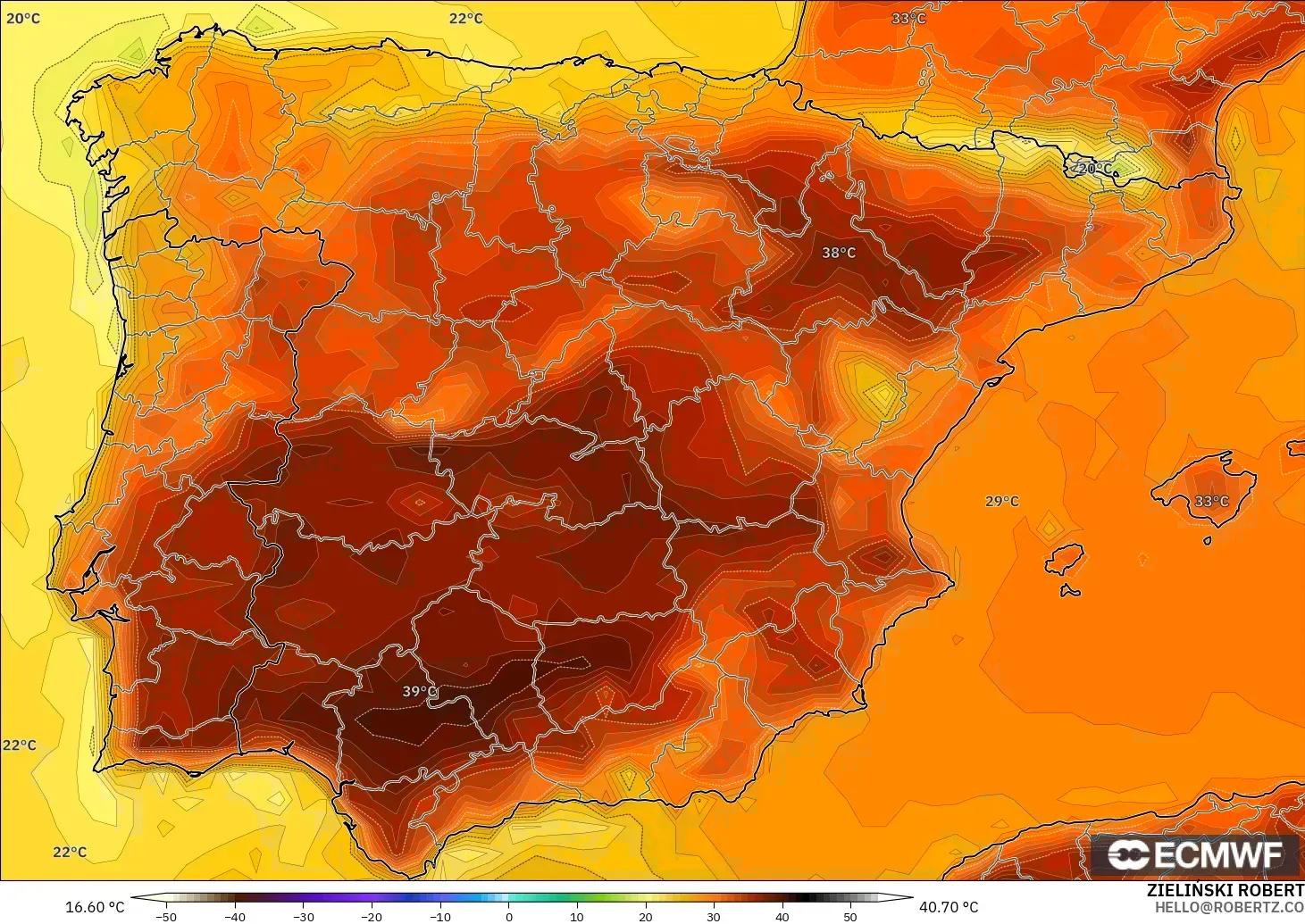 ECMWF IFS 0.25° modelo - Spain, Temperature at 2m