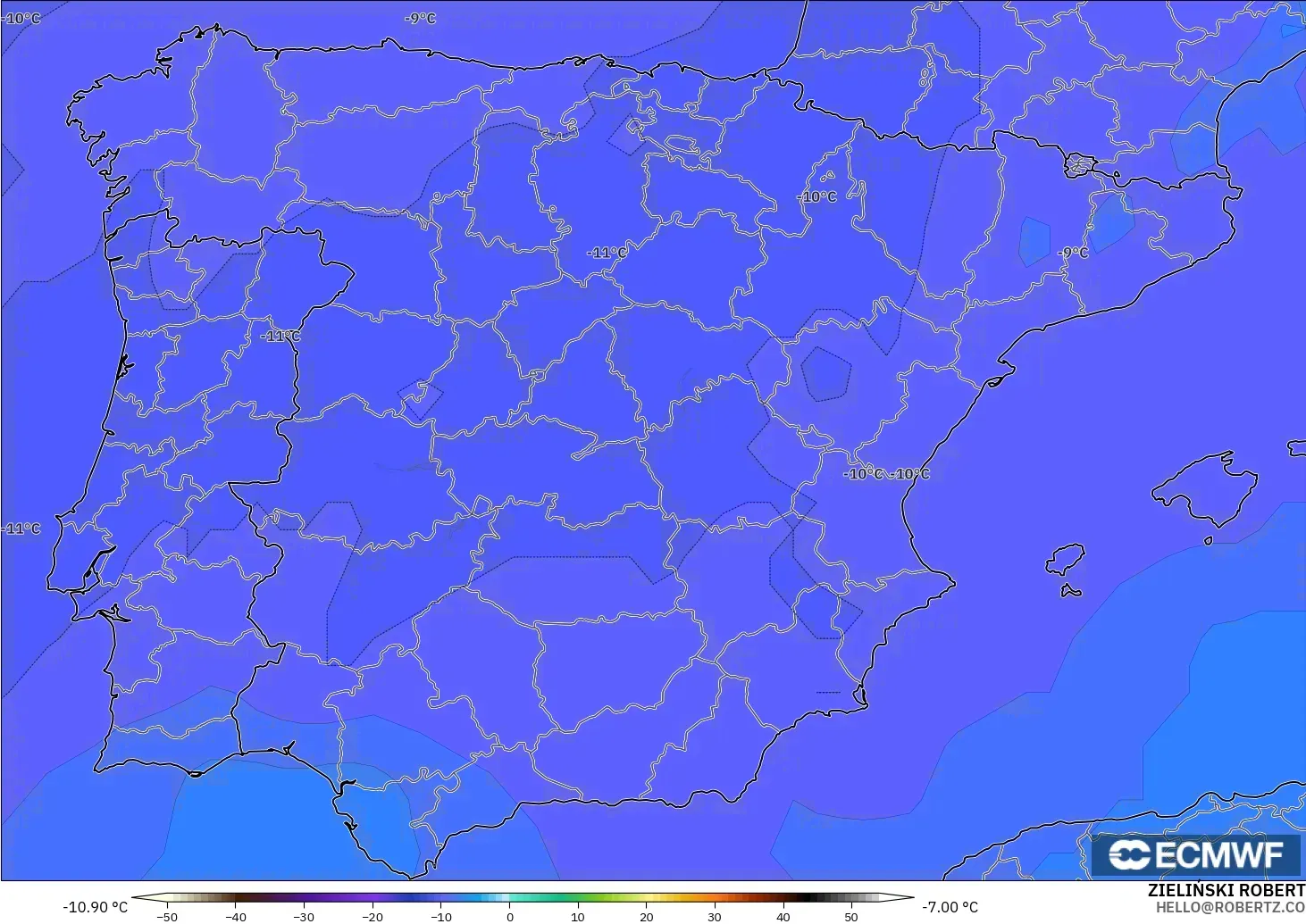 ECMWF IFS 0.25° modelo - Spain, Temperature at 500hPa