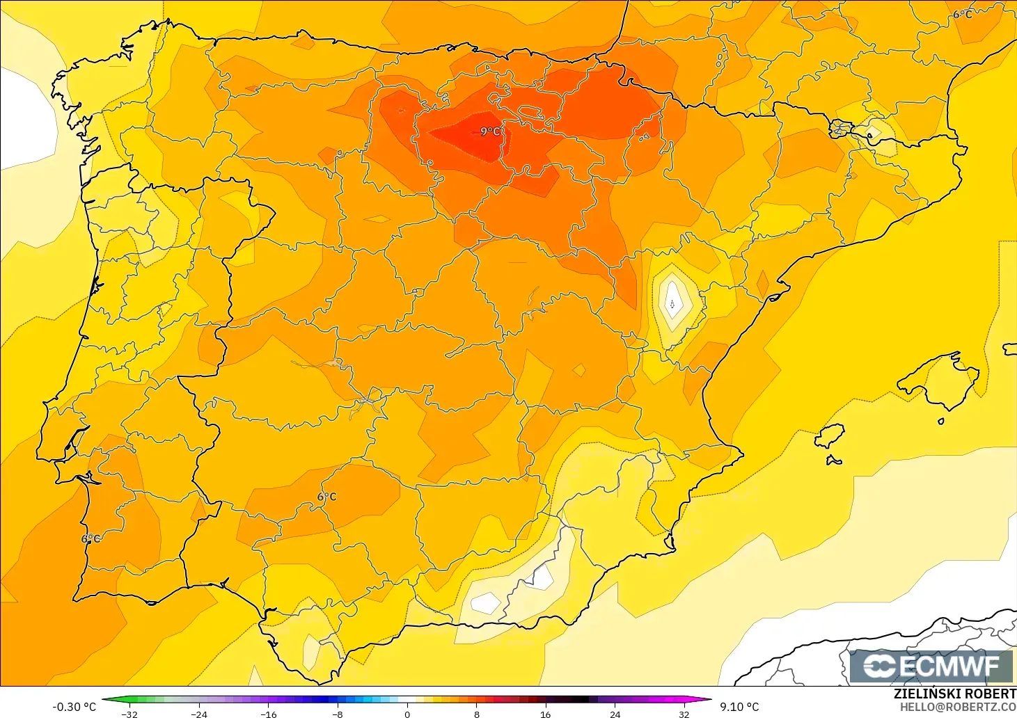 ECMWF IFS 0.25° modelo - Spain, Temperature at 850hPa Anomaly