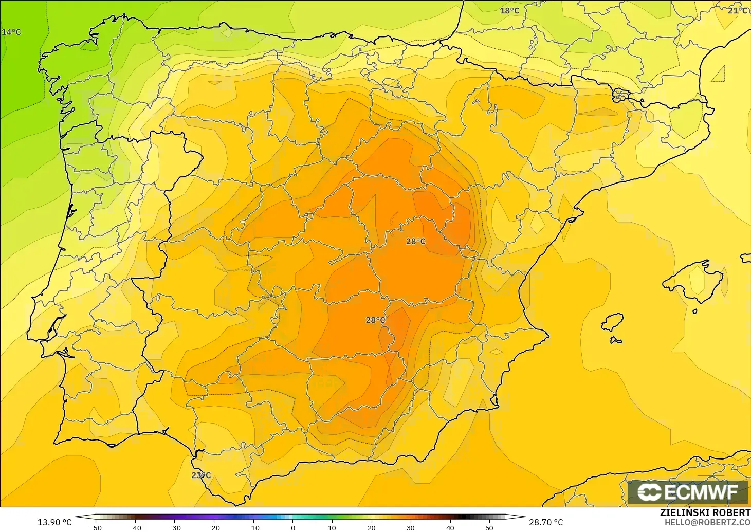 ECMWF IFS 0.25° modelo - Spain, Temperature at 850hPa