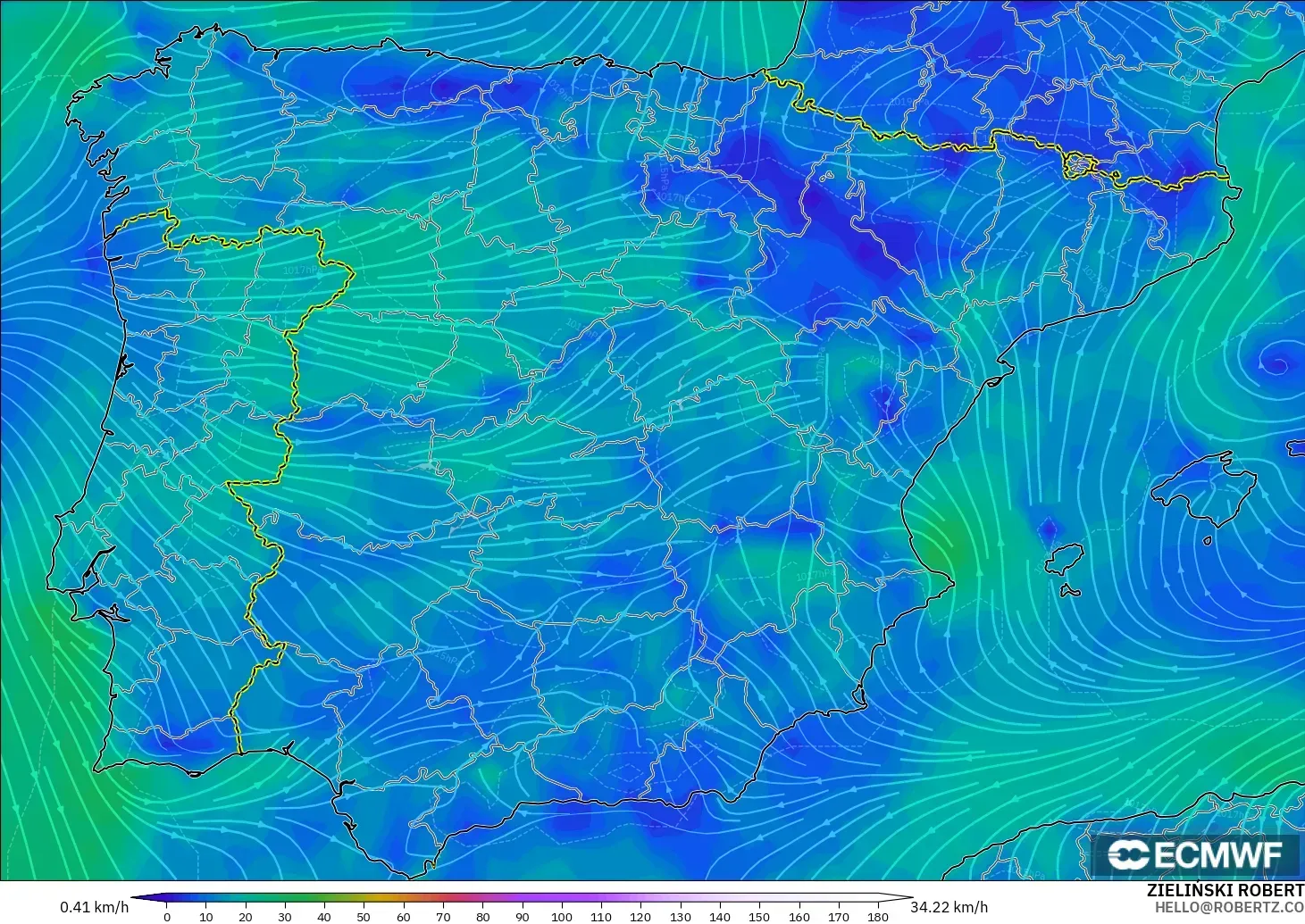 ECMWF IFS 0.25° modelo - Spain, Wind at 10m