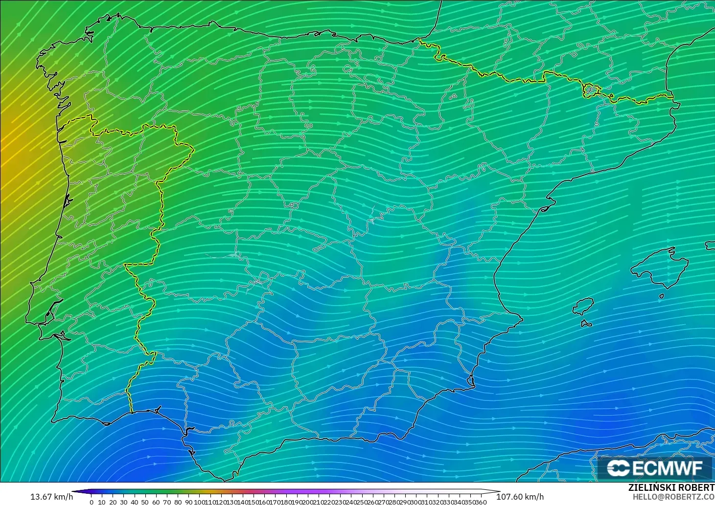 ECMWF IFS 0.25° modelo - Spain, Wind at 300hPa (jet stream)