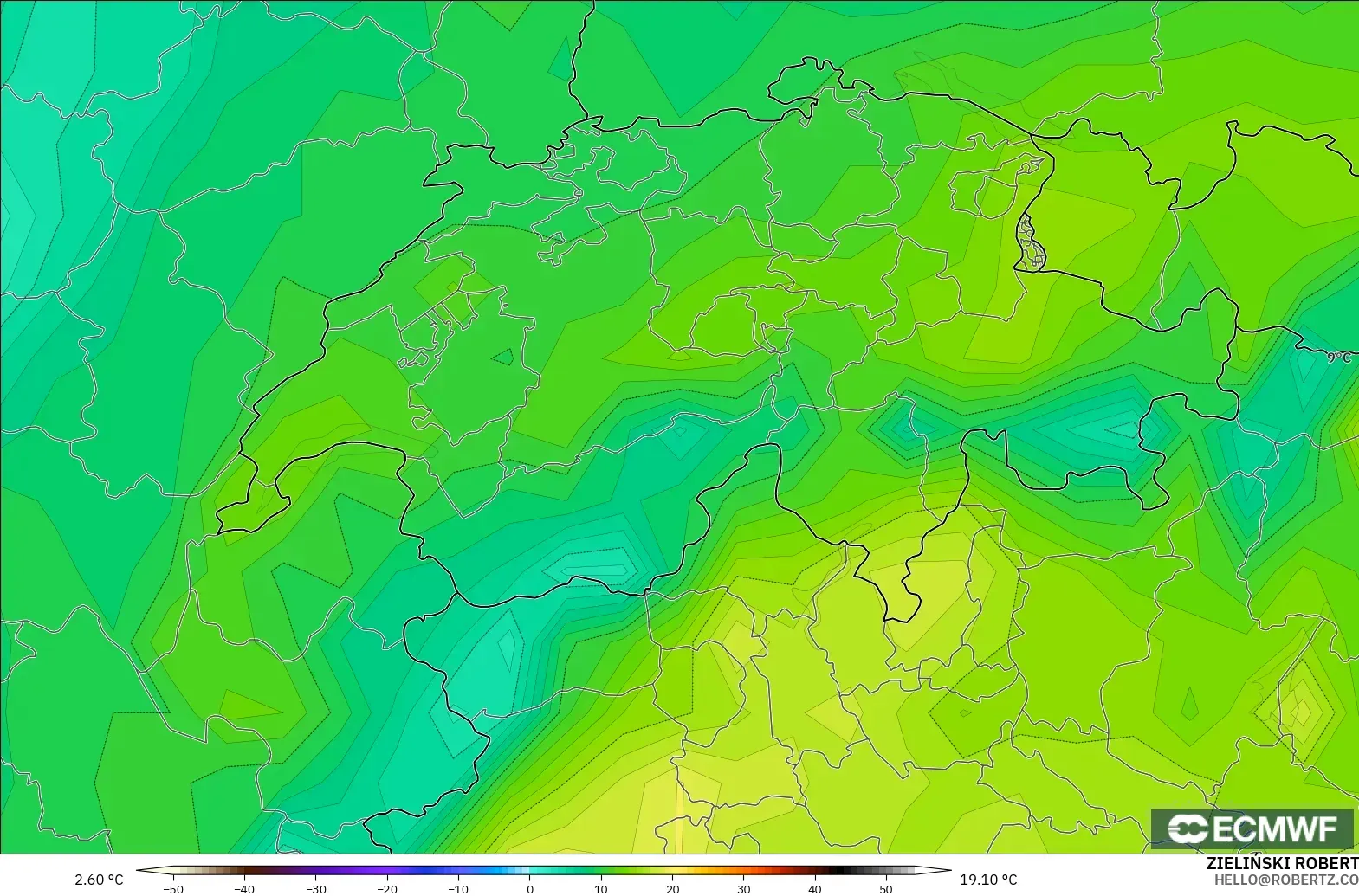 ECMWF IFS 0.25° modelo - Switzerland, Dewpoint at 2m