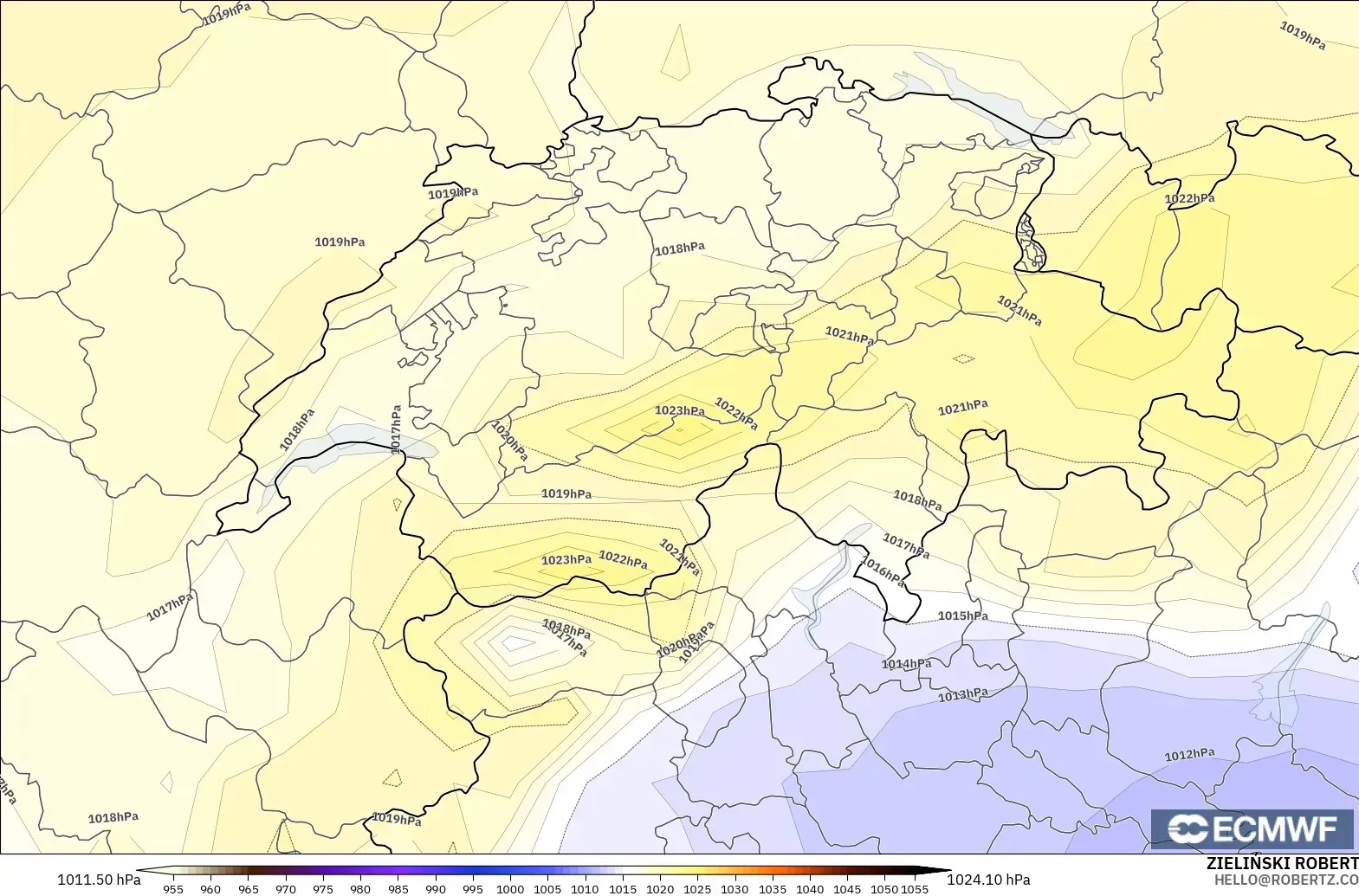 ECMWF IFS 0.25° modelo - Switzerland, Pressure
