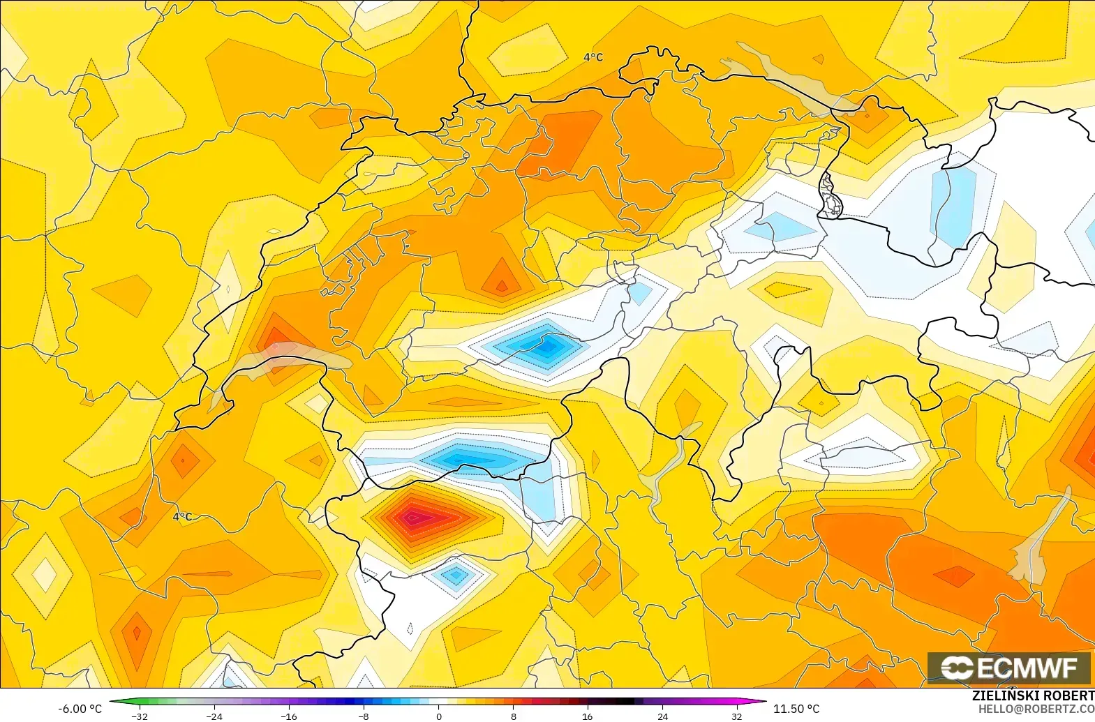 ECMWF IFS 0.25° modelo - Switzerland, Temperature at 2m Anomaly