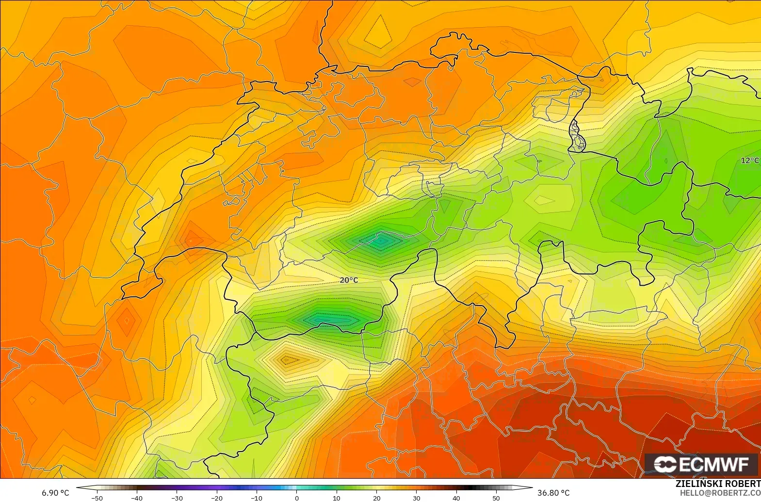 ECMWF IFS 0.25° modelo - Switzerland, Temperature at 2m