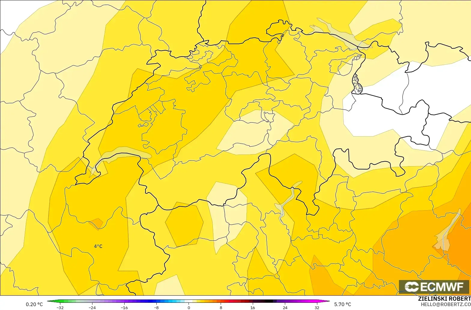 ECMWF IFS 0.25° modelo - Switzerland, Temperature at 850hPa Anomaly