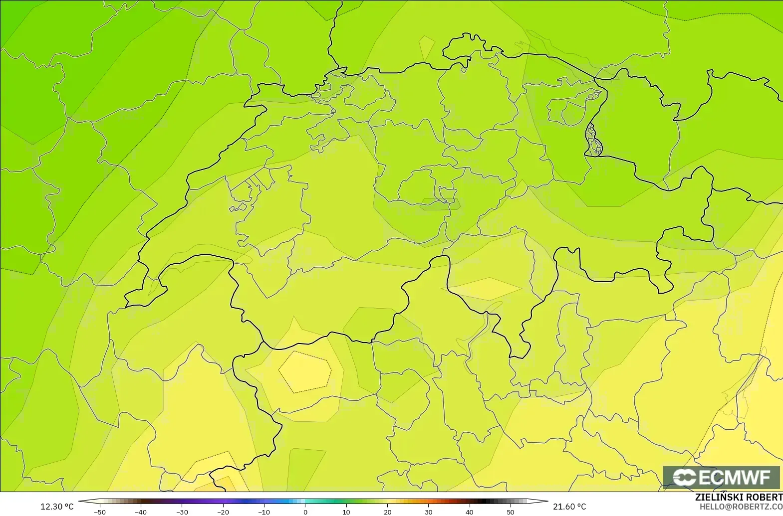 ECMWF IFS 0.25° modelo - Switzerland, Temperature at 850hPa
