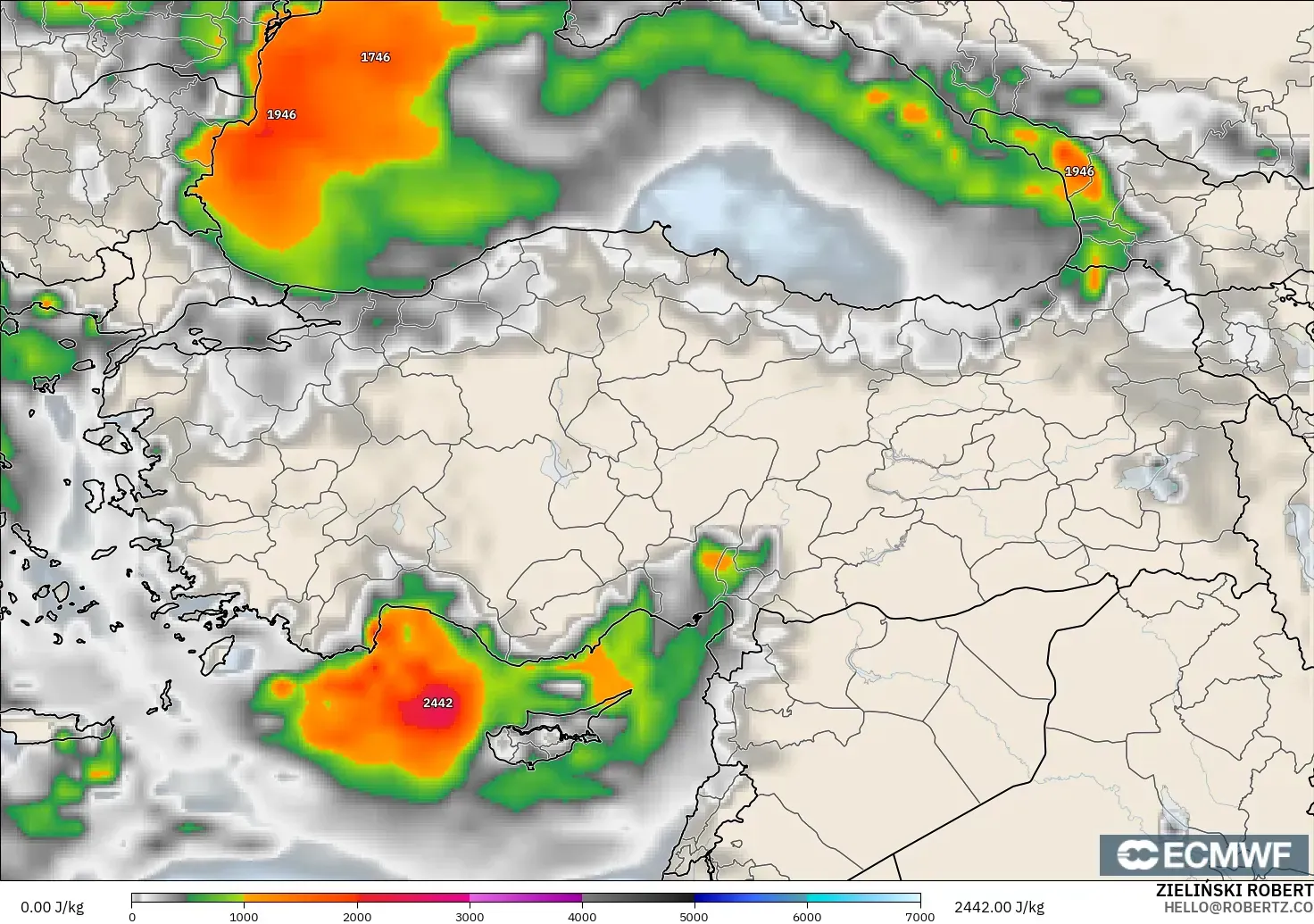 ECMWF IFS 0.25° modelo - Turkey, CAPE