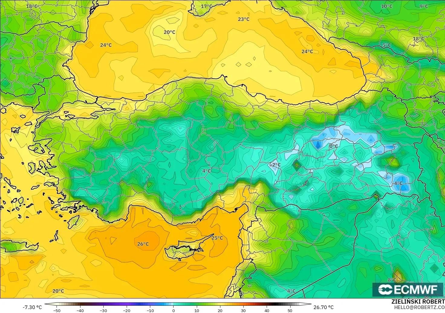 ECMWF IFS 0.25° modelo - Turkey, Dewpoint at 2m