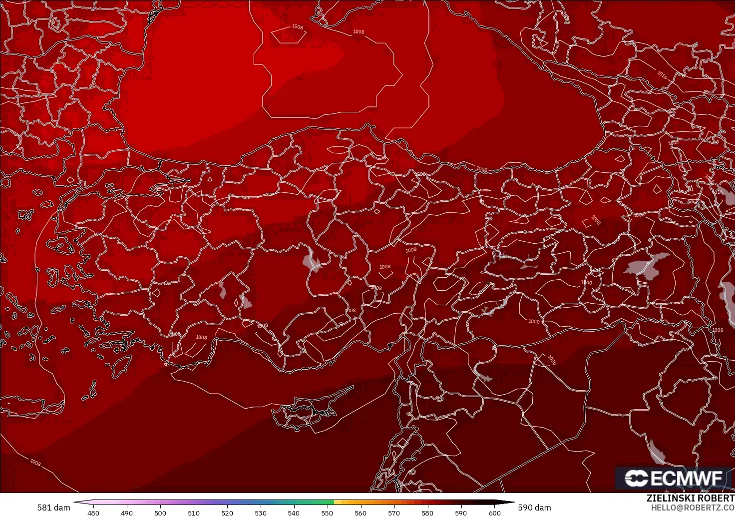 ECMWF IFS 0.25° modelo - Turkey, Geopotential height at 500hPa