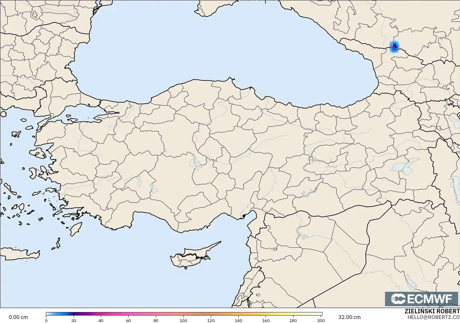 ECMWF IFS 0.25° modelo - Turkey, Snow Depth