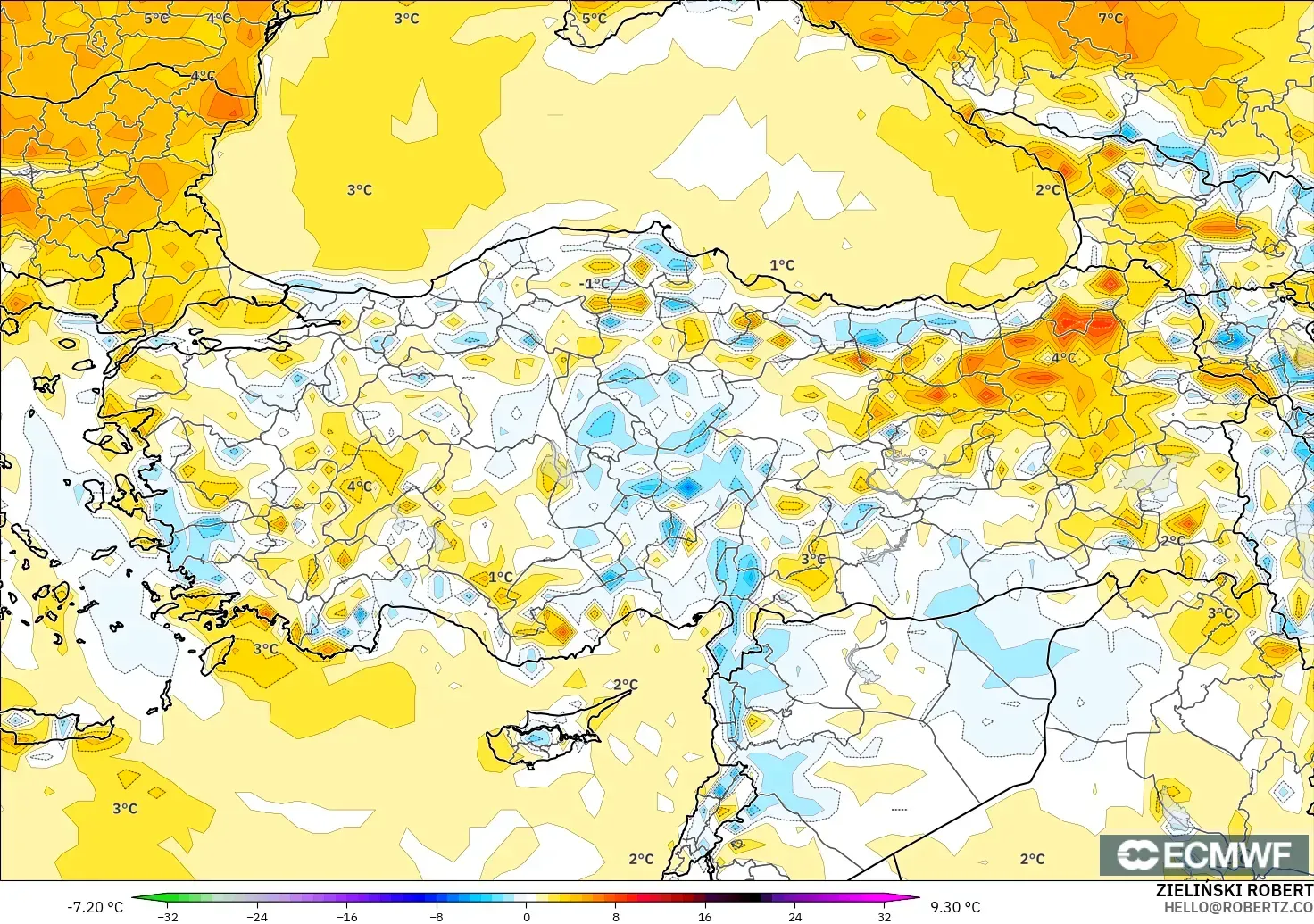 ECMWF IFS 0.25° modelo - Turkey, Temperature at 2m Anomaly