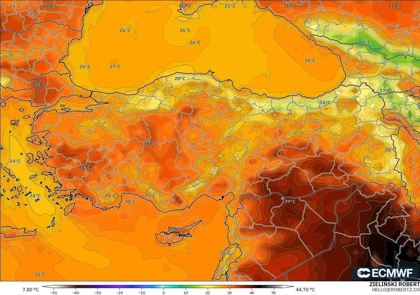 ECMWF IFS 0.25° modelo - Turkey, Temperature at 2m