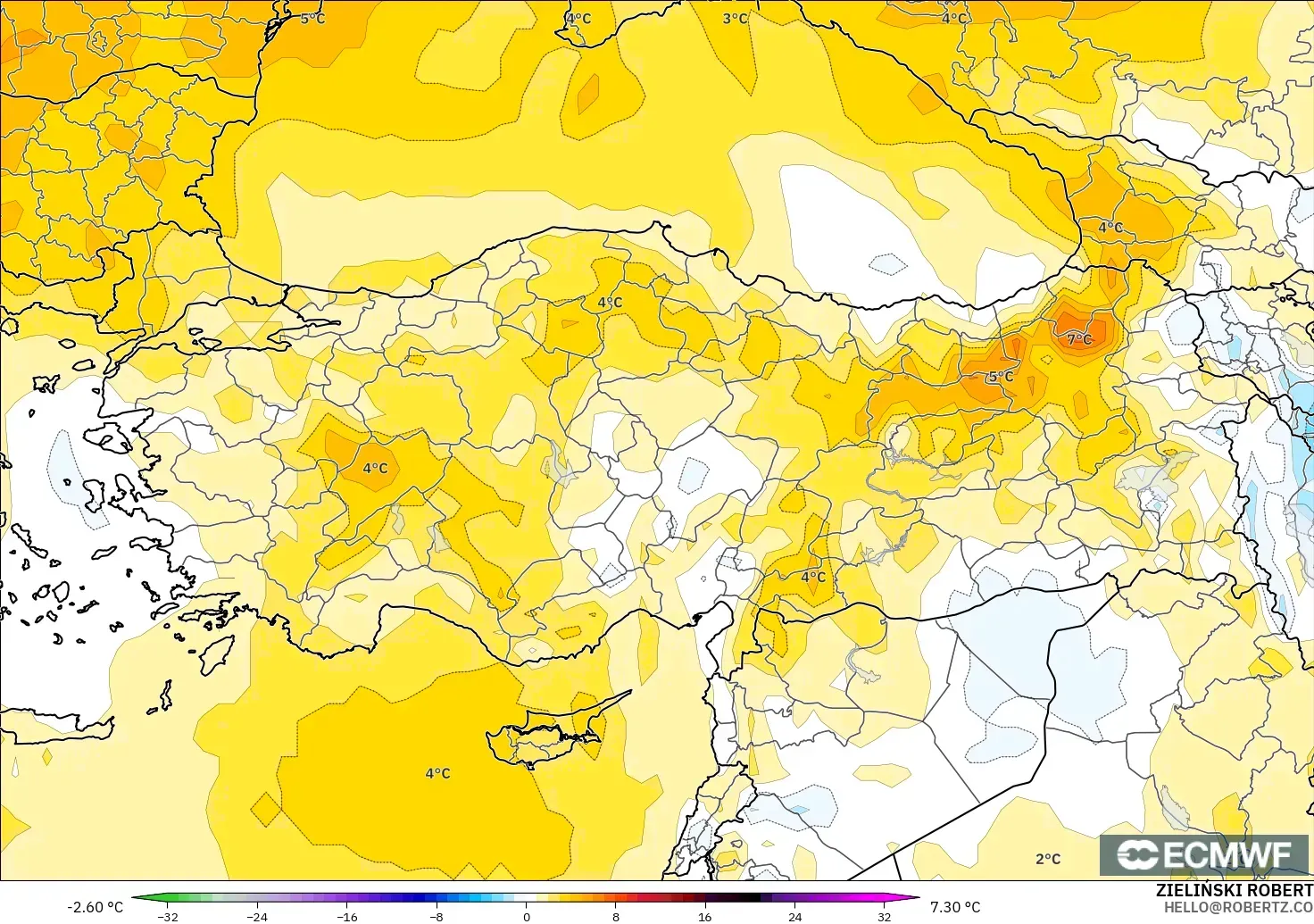ECMWF IFS 0.25° modelo - Turkey, Temperature at 850hPa Anomaly