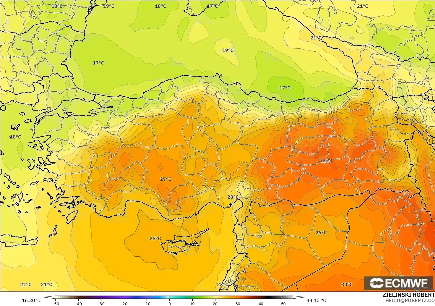 ECMWF IFS 0.25° modelo - Turkey, Temperature at 850hPa