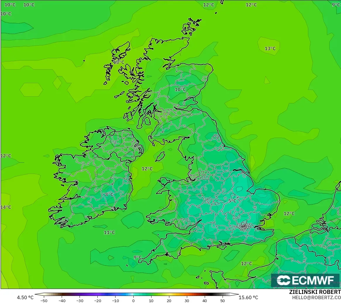ECMWF IFS 0.25° modelo - United Kingdom, Dewpoint at 2m