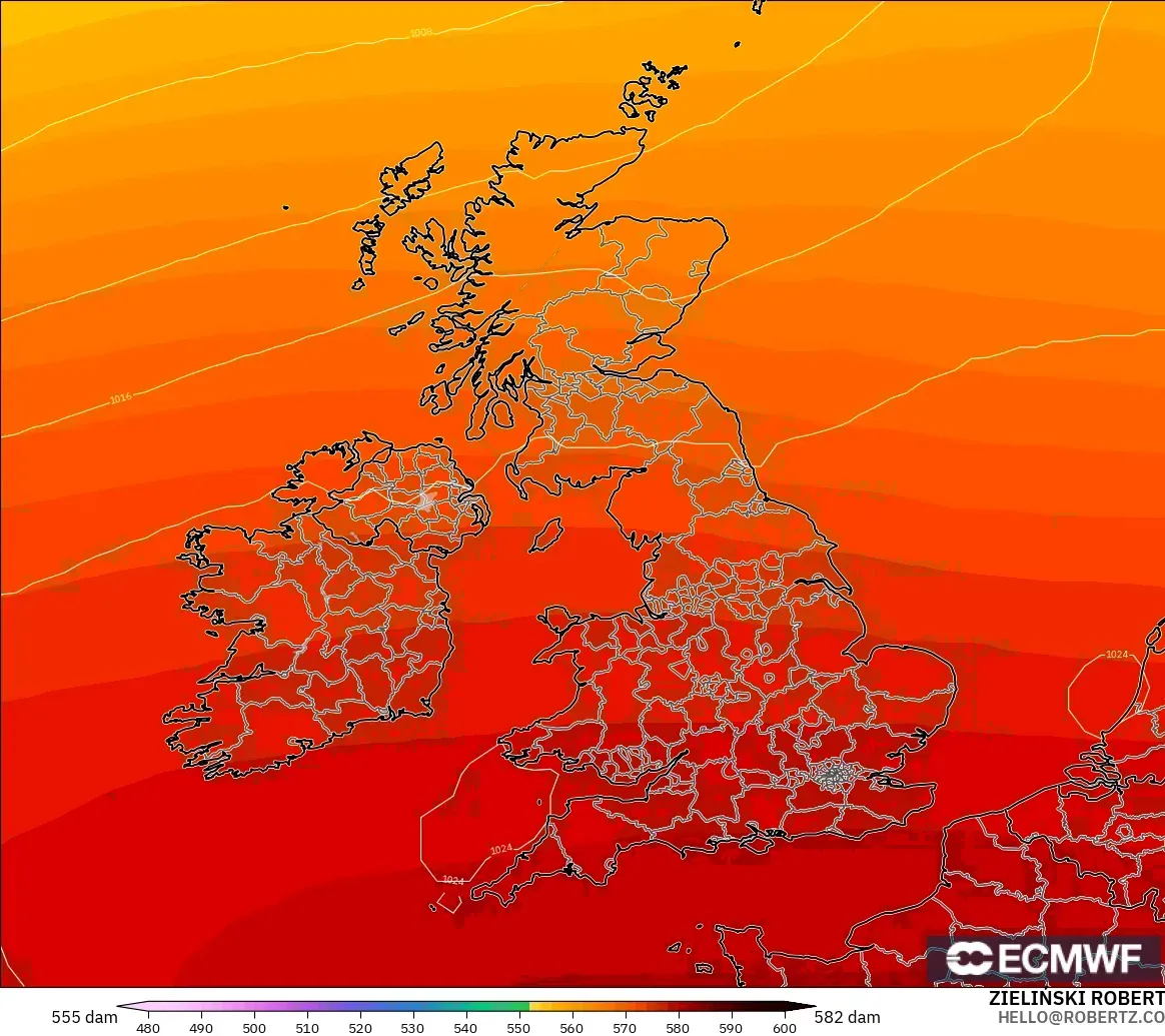 ECMWF IFS 0.25° modelo - United Kingdom, Geopotential height at 500hPa