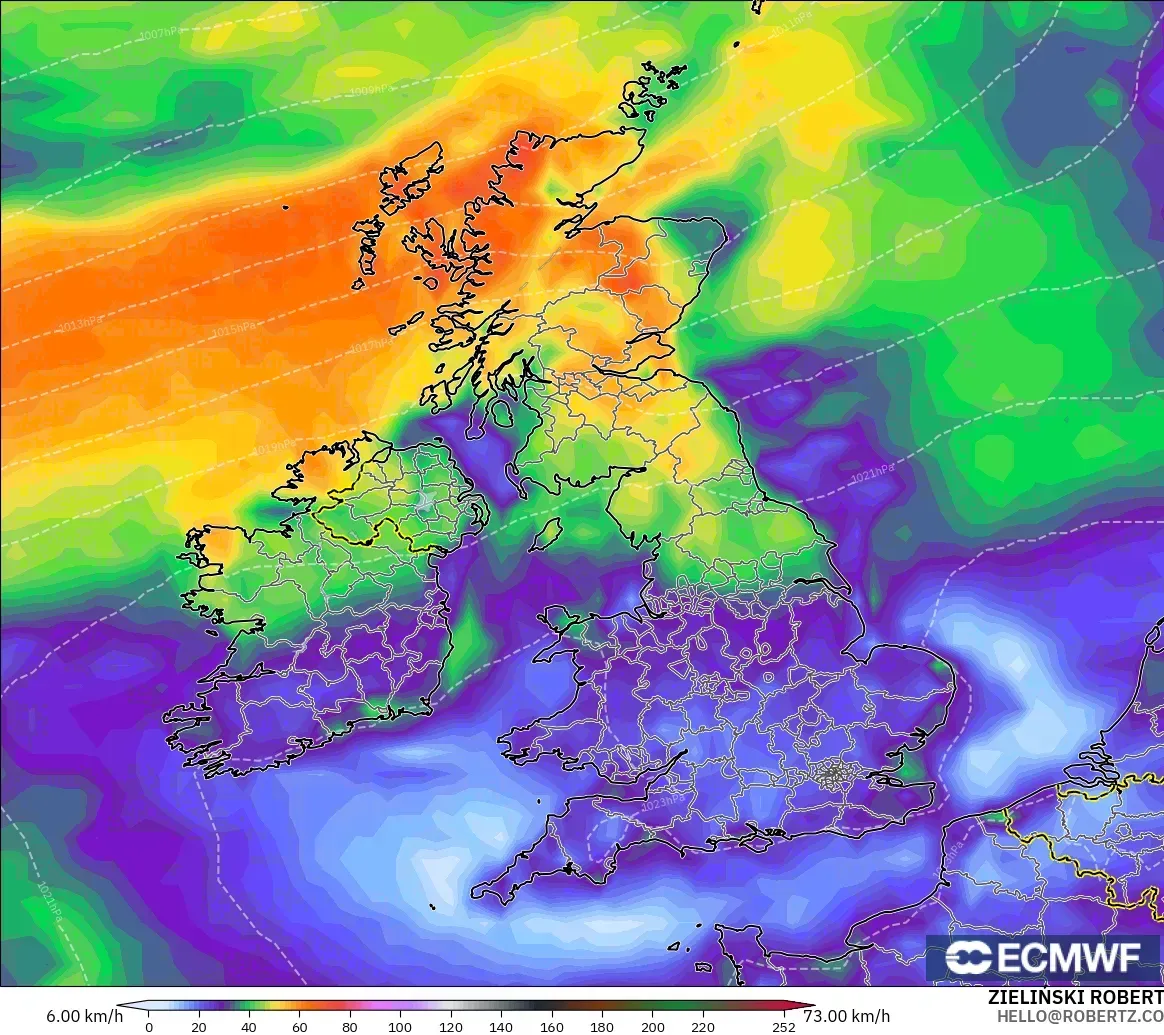 ECMWF IFS 0.25° modelo - United Kingdom, Wind Gusts