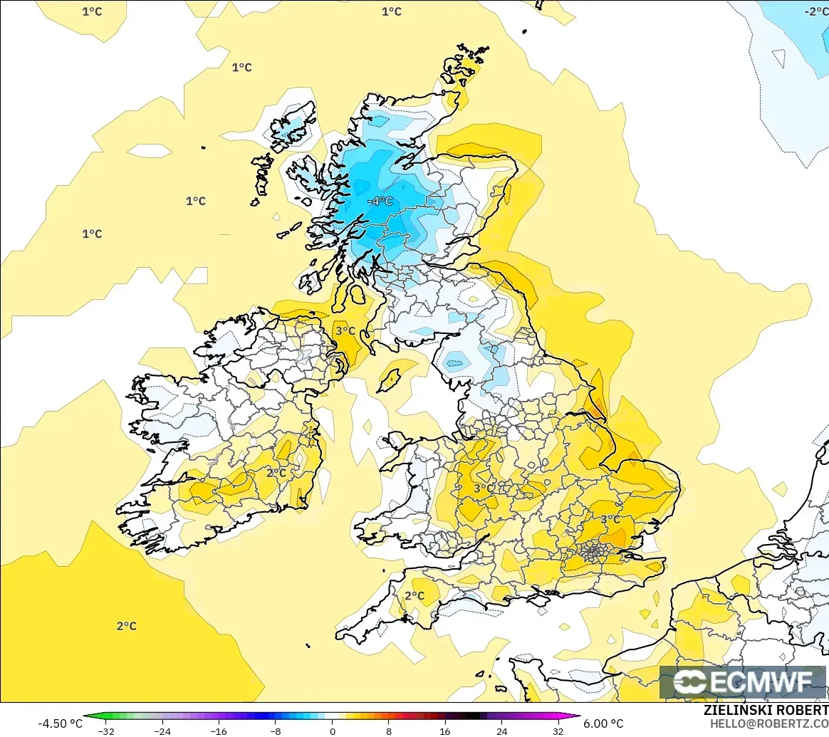 ECMWF IFS 0.25° modelo - United Kingdom, Temperature at 2m Anomaly