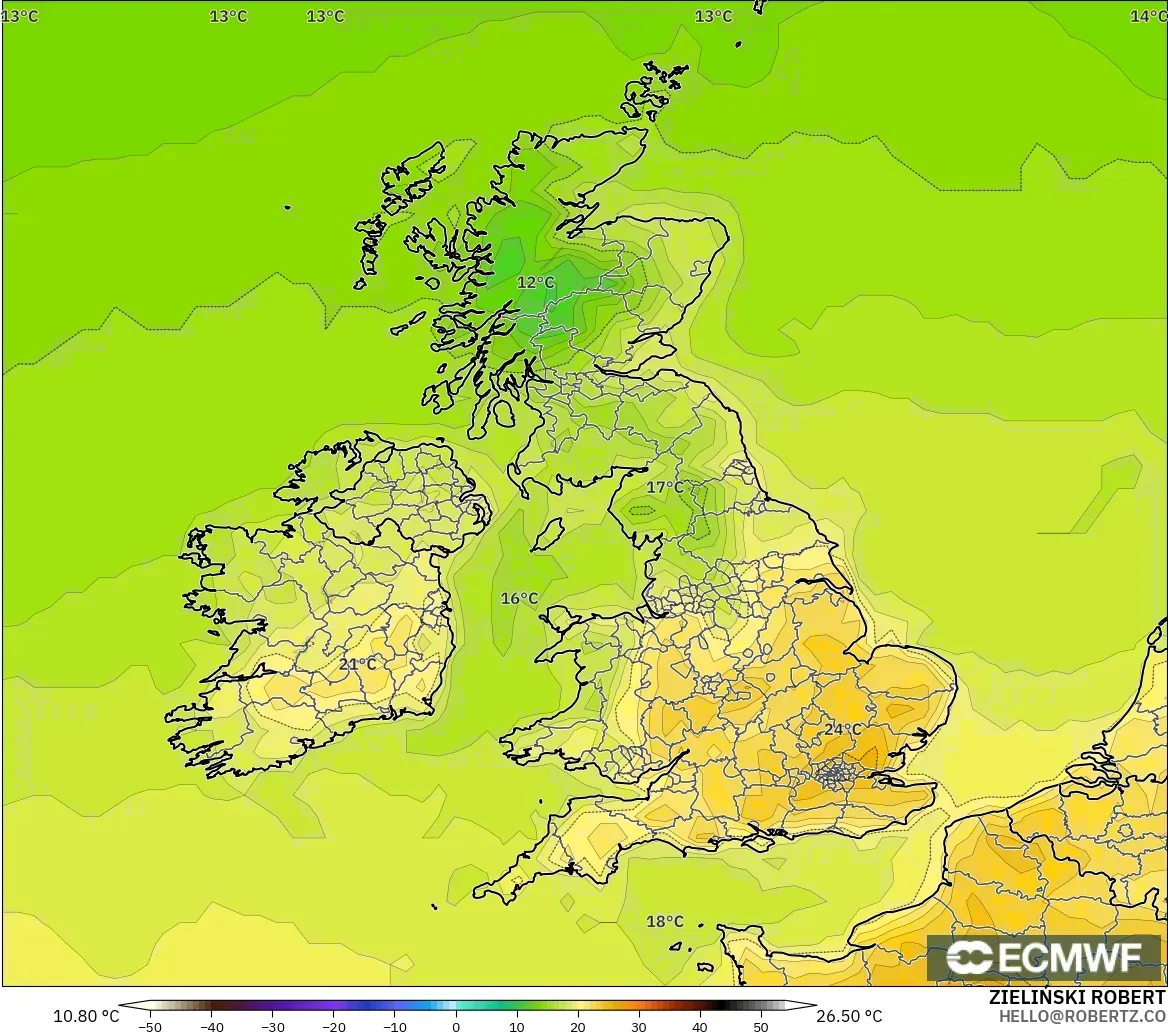 ECMWF IFS 0.25° modelo - United Kingdom, Temperature at 2m