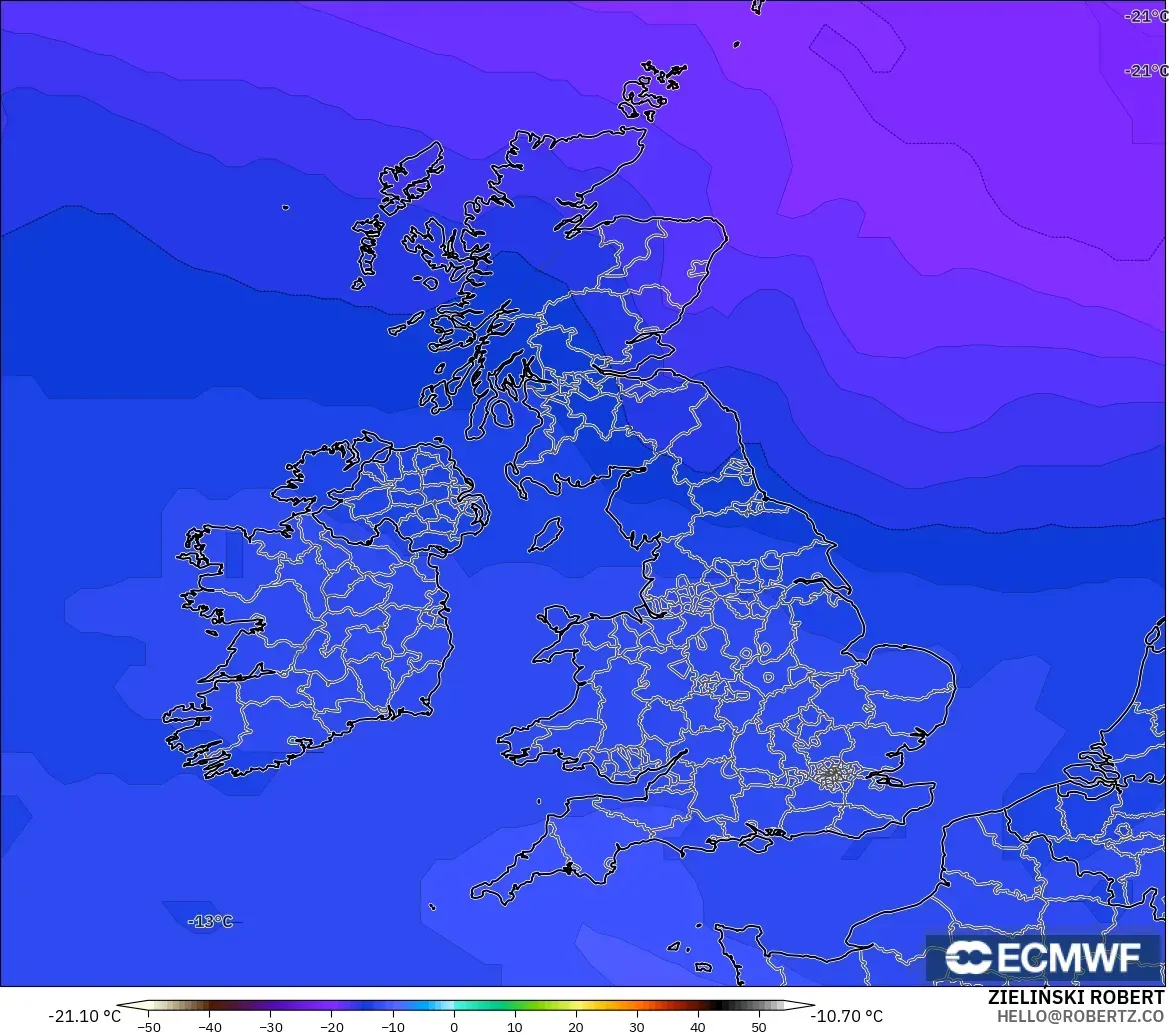 ECMWF IFS 0.25° modelo - United Kingdom, Temperature at 500hPa