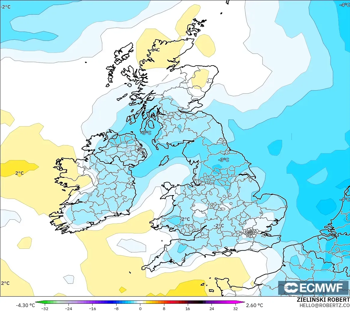 ECMWF IFS 0.25° modelo - United Kingdom, Temperature at 850hPa Anomaly