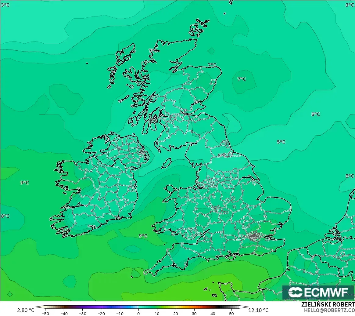 ECMWF IFS 0.25° modelo - United Kingdom, Temperature at 850hPa