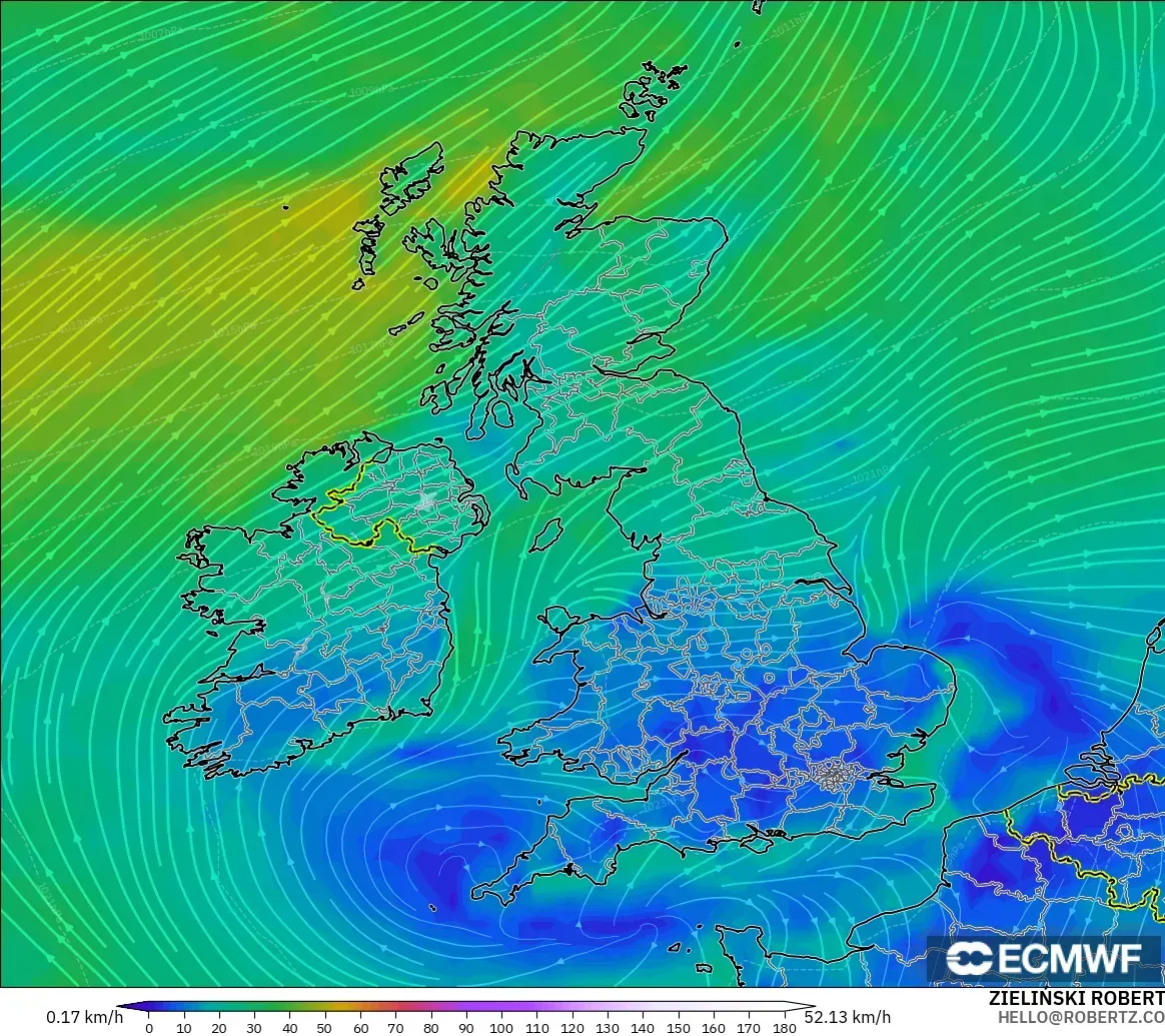 ECMWF IFS 0.25° modelo - United Kingdom, Wind at 10m