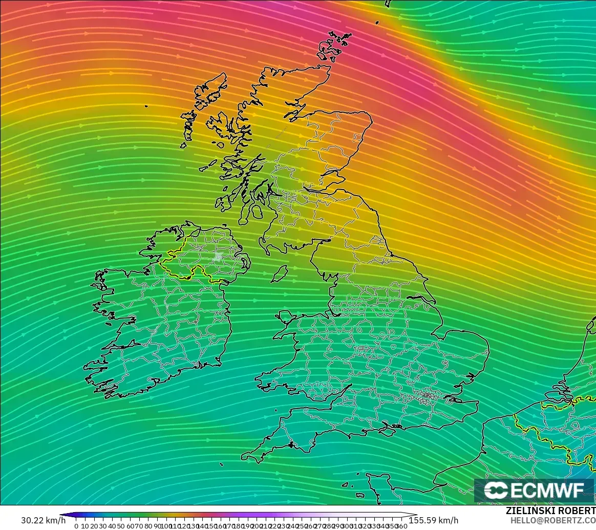 ECMWF IFS 0.25° modelo - United Kingdom, Wind at 300hPa (jet stream)