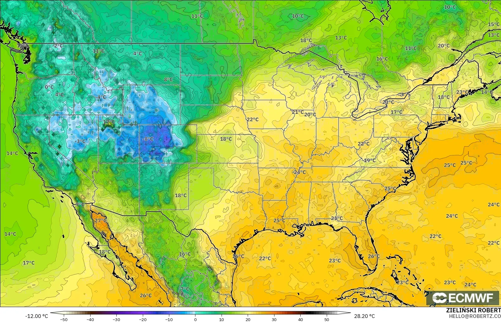 ECMWF IFS 0.25° modelo - United States, Dewpoint at 2m